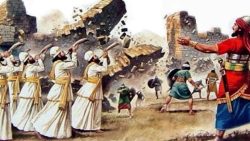 Artwork depicting the Israelites blowing rams horns while the walls of Jericho crumble